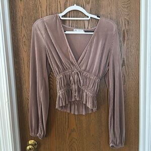 Zara Mauve brown long sleeve top with tie detail and pleating